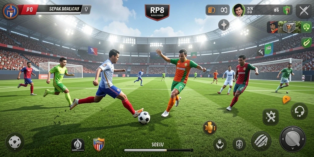 Tampilan antarmuka game sepak bola RP8 yang menarik dan interaktif.